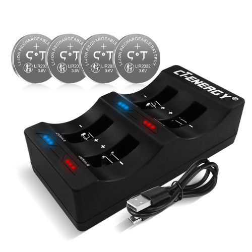 CT-ENERGY Lithium Coin Button Cells Battery Charger with 4 Pack 3.6V Rechargeable Lir2032 Batteries Replace 3V CR2032 Battery