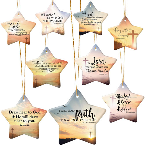 Barydat 9 Pcs Christmas Christian Hanging Ornament Star Shaped Bible Verse Cross Ceramic Decor for Xmas Tree Decorations Inspirational Scripture Religious Gift Keepsake(Faith)