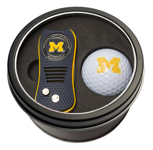 Team Golf NCAA Michigan Wolverines Tin Golf Ball Gift Set with Retractable Divot Tool and Double-Sided Magnetic Ball Marker & Golf Ball, Patented Single Prong Design, Less Damage to Greens
