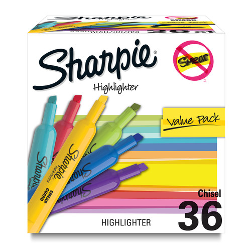 SHARPIE Tank Highlighters, Chisel Tip, 12 Assorted Fashion Colors, Chisel Tip, Value Pack, 36 Count