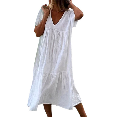 Elegant Dresses for Women Women Summer Casual Short Sleeve V Neck Swing Dress Casual Flowy Tiered Maxi Beach Dress White