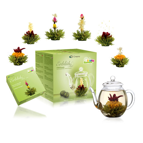 Creano Tea Flowers Mix - Blooming Tea Gift Set with Glass Teapot 17oz (500ml) - Green Tea Fruity Flavoured (Tea Roses in 6 Varieties) - Flowering Tea Gift for Christmas