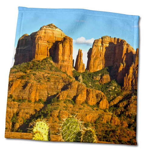 3dRose Cathedral Rock at Sunset, Prickly Pear Cactus, Sedona, Arizona, USA - Towels (twl-210333-3)