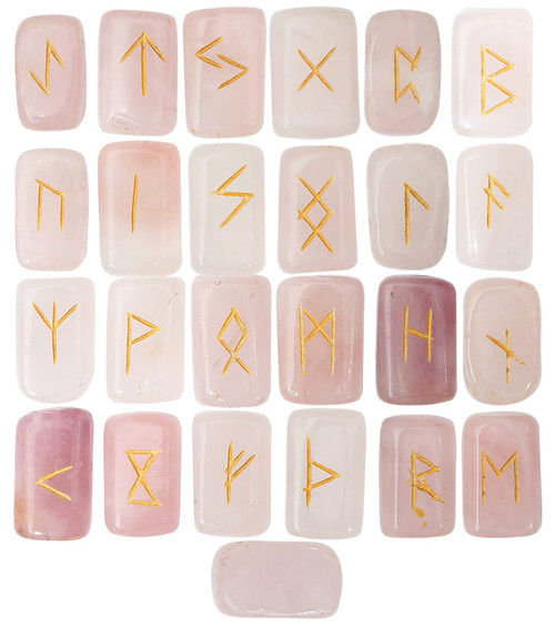 Crocon Rose Quartz Rectangle Shape Gemstone Runes with Elder Futhark Alphabet Engraved |25 pcs Rune Set | Crystal Divination Metaphysical Healing Chakra Reiki Runes Set |with a Pouch| Size : 20-25mm