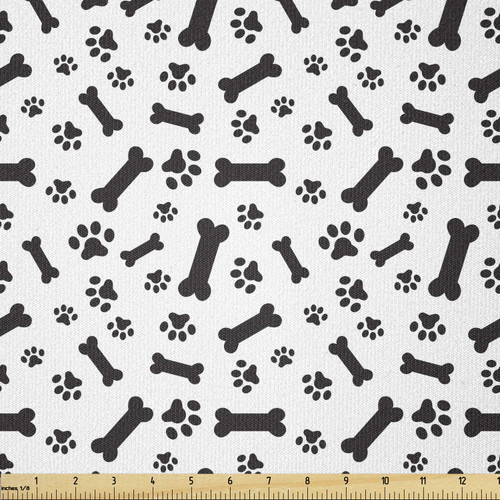 Lunarable Dog Bone Fabric by The Yard, Graphic Monochrome Illustration Dog Paw and Bones Pattern on White Background, Stretch Knit Fabric for Clothing Sewing and Arts Crafts, 2 Yards, White Black