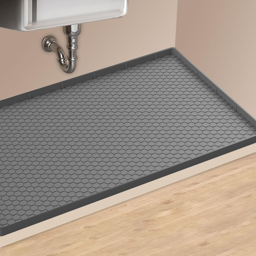 Under Sink Mat, 28" x 22" Silicone Kitchen Cabinet Mat, Waterproof & Flexible Under Sink Liner for Kitchen Sink Mat Protector, Under Sink Tray for Drips Leaks Spills, Gray