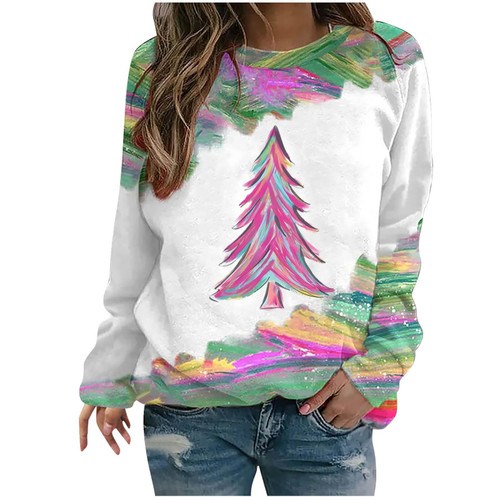 TUNUSKAT Christmas Sweatshirts Womens Cute Colorful Raglan Long Sleeve Sweatshirt Christmas Tree Graphic Holiday Pullover Top