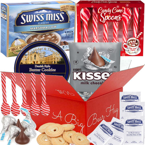 Holiday Gift Set | SwissMiss Milk Chocolate Marshmallow Hot Cocoa Mix, Peppermint Candy Cane Spoons, Hershey Kisses Milk Chocolate, Danish Cookies, Muchai Box. (Yummy)