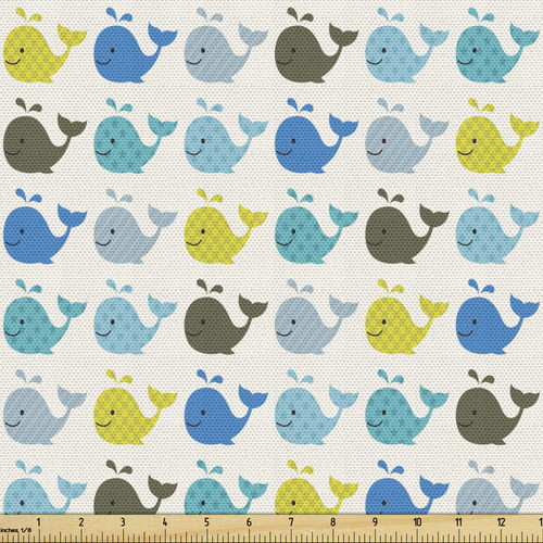 Lunarable Fish Fabric by The Yard, Whale Fish Pattern in Various Tones Sea Creature Marine Life Digital Print, Decorative Fabric for Upholstery and Home Accents, 2 Yards, Yellow Blue