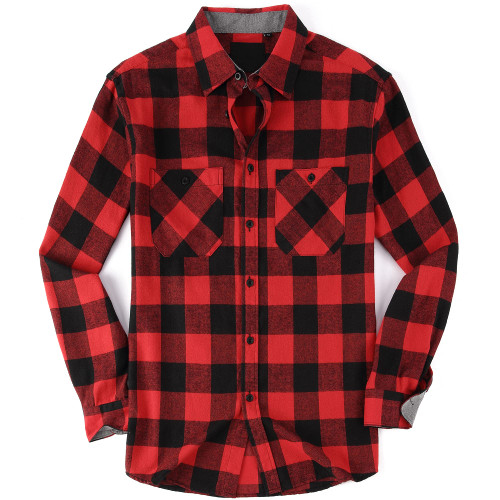 WARHORSEE Flannel Shirt for Men Long Sleeve Regular Fit Button Down Casual Plaid Shirt,RED,XL