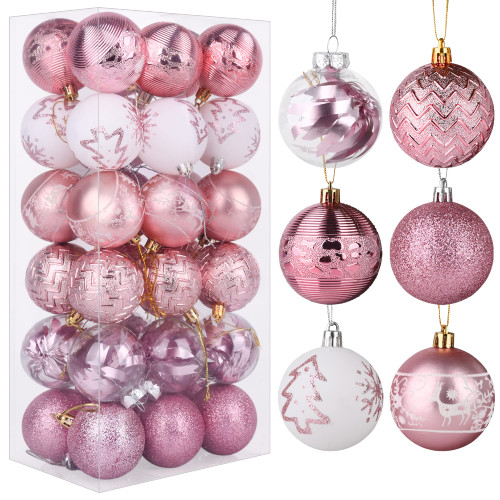VAINECHAY Christmas Balls Ornaments Shatterproof Pink White Christmas Tree Ornament Multicolor Xmas Trees Decorations, 2.36 inches, Set of 36pcs