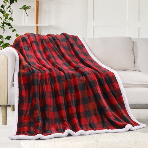 Sherpa Fleece Fuzzy Throw Blanket, Buffalo Plaid Cozy Fluffy Throws Blankets for Couch Soft Twin Christmas Red Bedding Sofa Flannel Plush 60"x80"