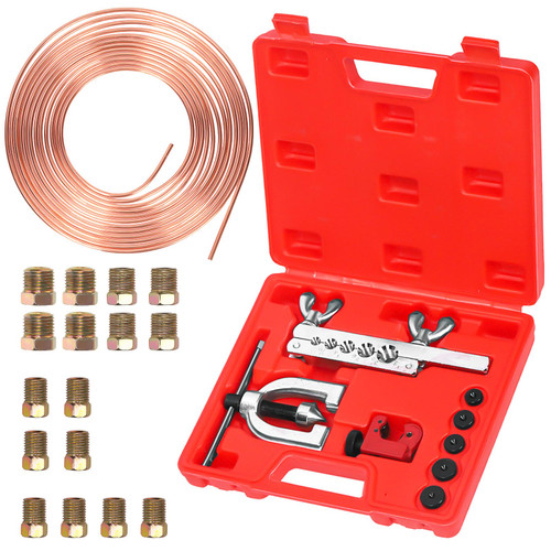 Swpeet 30Pcs in Set Copper Coated Brake Line Kit, Brake Line with Flaring Tool Kit, Includes 16 Fittings and 4 Unions, Flaring Tool Set for Single and Double Flares with 5 Adapters and Tube Cutter