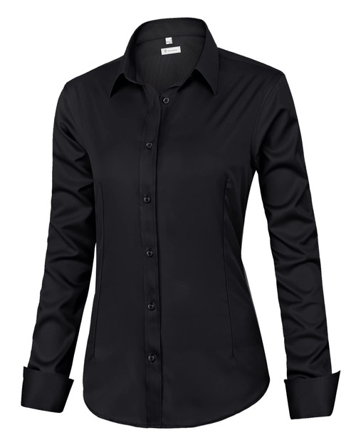 siliteelon Womens Classic-Fit Dress Shirts Long Sleeve Button Down Wrinkle-Free Stretch Solid Casual Work Office Blouse Top Black Large