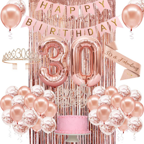 30th Birthday Decorations for Women, Rose Gold 30 Birthday Decorations for Her, Happy 30th Birthday Banner, Crown, Sash, Cake Topper and Number Balloon, 30th Birthday Party Supplies for Women 30th Birthday Decorations for Women, Rose Gold 30 Birthday Decorations for Her, Happy 30th Birthday Banner, Crown, Sash, Cake Topper and Number Balloon, 30th Birthday Party Supplies for Women