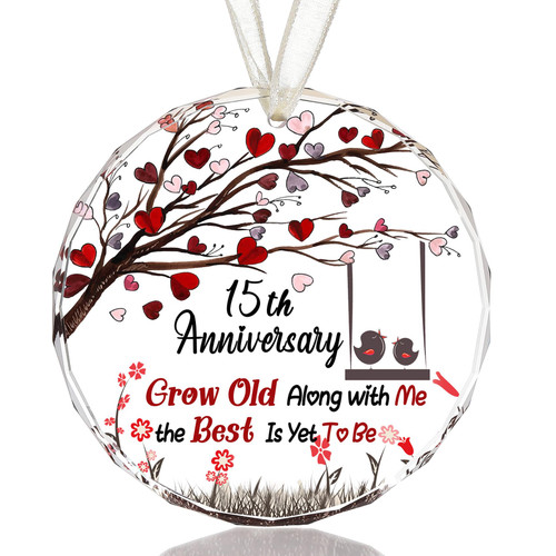 15th Wedding Anniversary Crystal Gifts for Wife Husband, Glass Colorful 3.5" Plaque Hanging Ornament Keepsake for 15 Years Anniversary