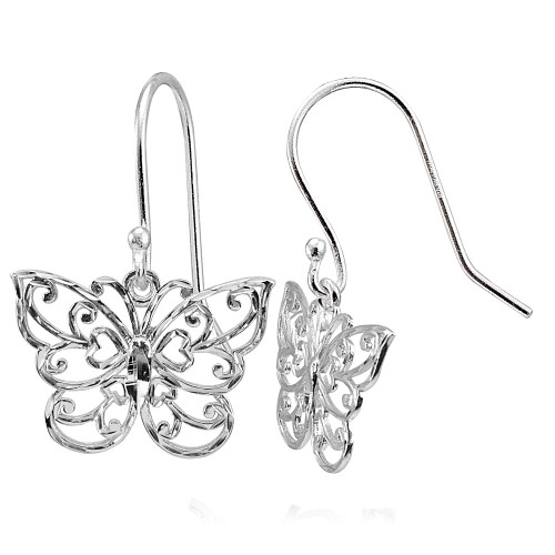 Sterling Silver High Polished Diamond - Cut Filigree Butterfly Dangle Earrings, One Pair Set