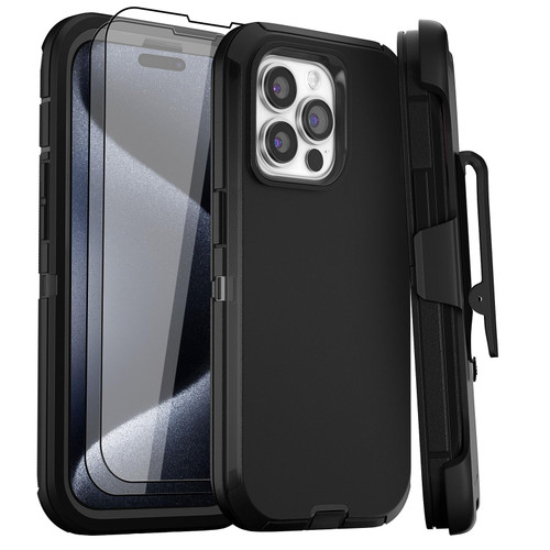 GYJ for iPhone 15 Pro Max Case 6.7" Belt-Clip Kickstand Holster with 2 Screen Protector, Full Body Heavy Duty Military Grade Cover Drop Protection Phone Case (Black+Clip)