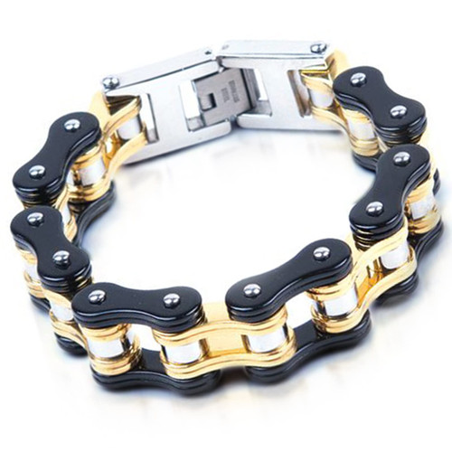 Dream Apparel Mens Stainless Steel Bike Chain Motorcycle Chain Bracelet for Women, 3/4 Inch Wide Heavy Metal Biker Bracelet, Bicycle Link Chain Bracelet, S, Black and Gold Dream Apparel Mens Stainless Steel Bike Chain Motorcycle Chain Bracelet for Women, 3/4 Inch Wide Heavy Metal Biker Bracelet, Bicycle Link Chain Bracelet, S, Black and Gold