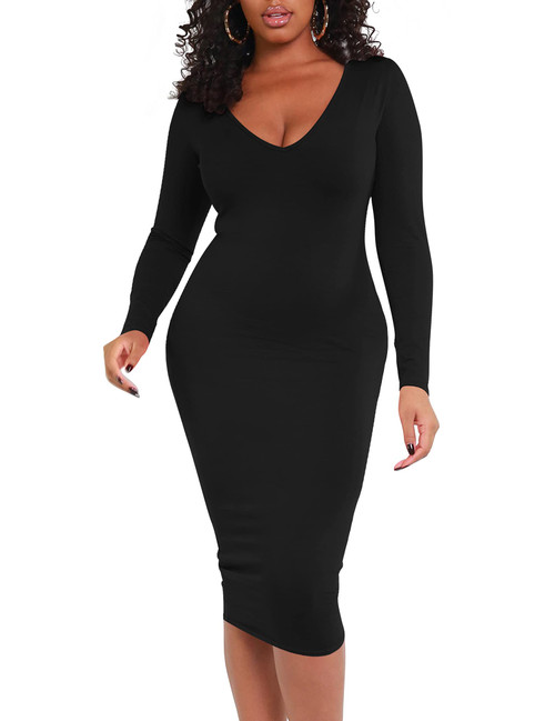 BORIFLORS Women's Sexy Bodycon Long Sleeve Deep V Neck Club Party Midi Pencil Dresses, Medium, Black