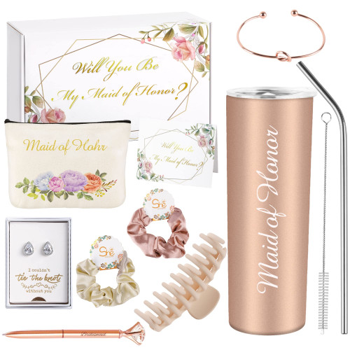 4MELLY 11 Pcs Maid Of Honor Gifts Box Maid Of Honor Proposal Gifts Set Will You Be My Maid Of Honor Box 20 oz Stainless Steel Maid Of Honor Tumbler Maid Of Honor Proposal Box