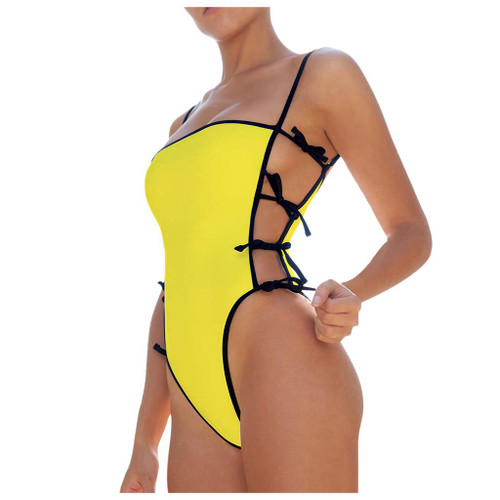 VEFSU Women Bandeau Bandage Bikini Set Push-Up Brazilian Swimwear Sexy Solid Beachwear Swimsuit Yellow S