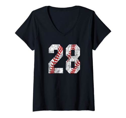 Womens Vintage Baseball Mom #28 Jersey Baseball Favorite Player V-Neck T-Shirt