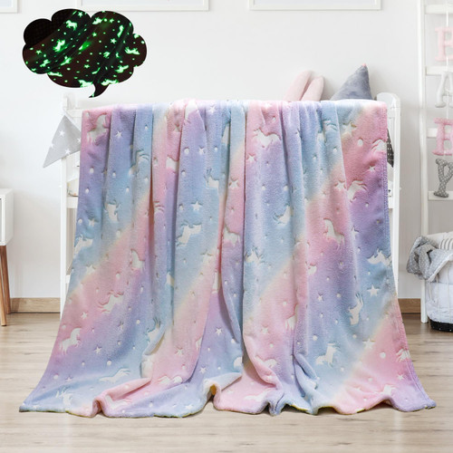Tupmnbry Glow in The Dark Throw Blanket Rainbow Unicorn Blanket Super Soft Flannel Fleece Throw Blanket Luminous Blanket Birthday Gift for Boys Girls Kids 50"X60"