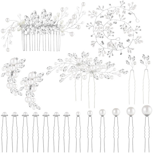 44 Pieces Wedding Hair Comb Faux Pearl Crystal Bride Hair Accessories Hair Side Comb Clips U-shaped Flower Rhinestone Pearl Hair Clips for Bride Bridesmaid (Fresh Style)