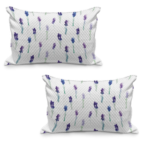 Lunarable Lavender Quilted Pillowcover Set of 2, Abstract Watercolor Art Style Flowers on Stems Springtime Nature, Standard King Size Pillow Cover for Bedroom, 36" x 20", Turquoise Navy Blue