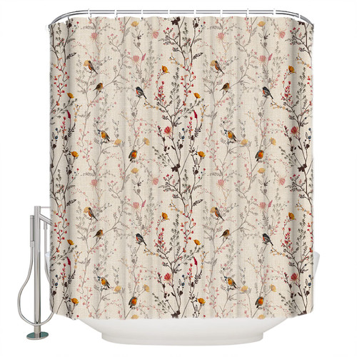 LBHAUSE Waterproof Fabric Shower Curtain, Rustic Floral Shower Curtain for Bathroom Curtains Bathtubs Hotel Washable Shower Curtains with 12 Hooks Extra Long 72x84 Spring Bird Flowers Burlap Backdrop