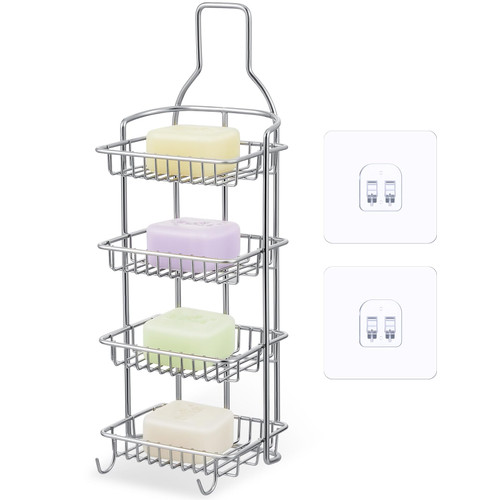 Chunful 4 Tiers Self Draining Shower Caddy, Soap Dish Holder, Shampoo Bar Holder with Hooks Stainless Steel Soap Bar Holder for Shower Wall Kitchen Sink Bathroom with 2 Adhesives (Silver)