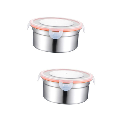 BESTOYARD 2 Pcs Round Fridge Containers Food Containers Metal Container Fruit Snacks Containers for Food Storage Container with Lid Metal Lunch Container Mixing Bowls Stainless Steel Box