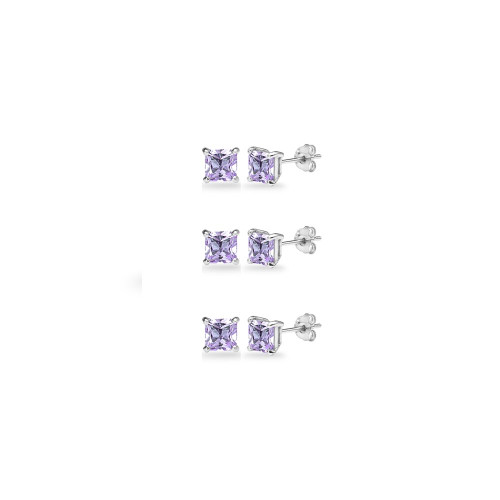 3-Pair Set Sterling Silver Amethyst Princess-Cut 4mm Square Stud Earrings