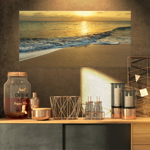 Design Art PT10496-32-16 White Waves Under Yellow Sunset-Modern Beach Canvas Art Print-32X16, 32x16