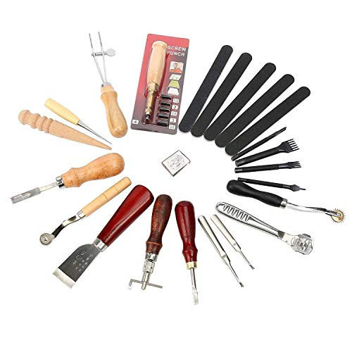 YaeTek 1 Set (18pcs) Leather Carft Punch Tools Kit Stitching Carving Working Sewing Saddle Groover Leather Craft DIY Tool