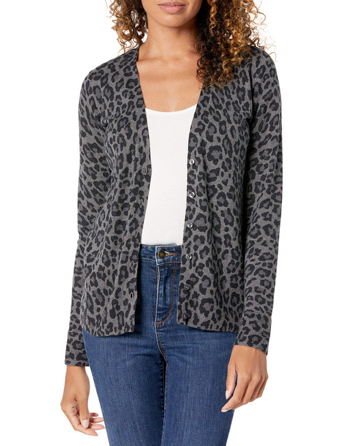 Amazon Essentials Women's Lightweight V-Neck Cardigan Sweater (Available in Plus Size), Charcoal Heather Animal, Small