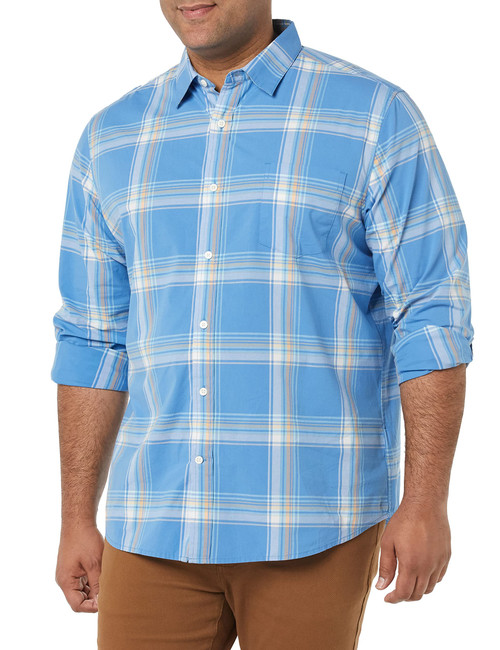 Amazon Essentials Men's Long-Sleeve Regular-Fit Stretch Poplin Shirt, Light Blue Orange Plaid, Large