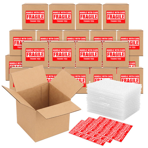 25-Pack 5x5x5 Shipping Boxes for Small Business, Small Corrugated Cardboard Boxes, Mailing Boxes with Bubble Bags & FRAGILE Stickers for Mailing and Packing Small Items Gifts Mug Candle Boxes - Brown