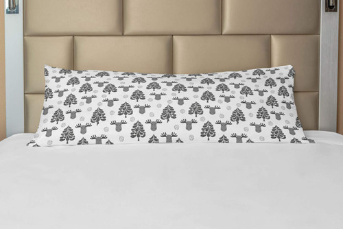 Lunarable Moose Body Pillow Case Cover with Zipper, Christmas Pattern Monochrome Illustration of Repeated Elk Heads and Fir Trees, Decorative Accent Long Pillowcase, 21" x 54", White and Grey