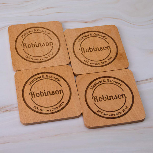Personalized Monogram Beech Wood Coasters for Drinks - Personalized Wedding Gifts Bridal Shower Gifts - Custom Coasters Set of 4(#9 Names&Date Style)