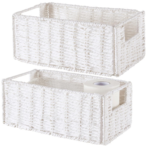 Wicker Storage Basket, Vagusicc Small Storage Basket Woven Wicker Baskets for Organizing with Handles Foldable Storage Bins Toilet Paper Basket for Toilet Tank Bathroom Small Baskets Set of 2, White Wicker Storage Basket, Vagusicc Small Storage Basket Woven Wicker Baskets for Organizing with Handles Foldable Storage Bins Toilet Paper Basket for Toilet Tank Bathroom Small Baskets Set of 2, White