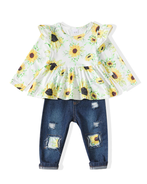 SODLON Baby Girl Clothes 12 18 Months Infant Winter Clothing 18 Months Girl Clothes Fall Toddler 12 Month Girls Clothes Ruffle Sunflower Top Ripped Denim Pants Jeans Outfits Sets for Girls White