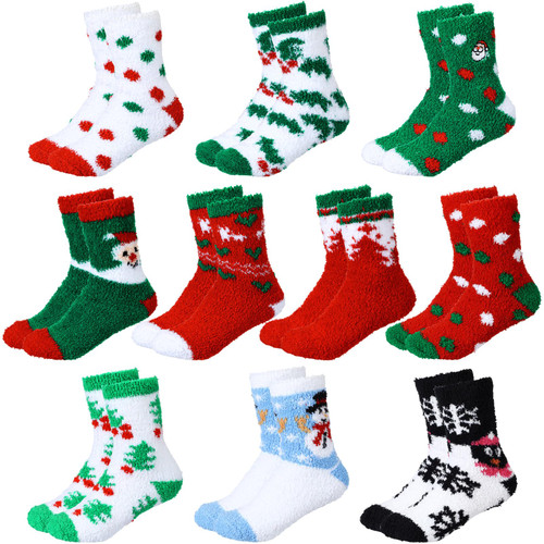 SATINIOR 10 Pairs Christmas Socks Christmas Fuzzy Fluffy Socks Xmas Warm Slipper Socks Colorful Xmas Plush Slipper Socks for Men Women (Cute Style)