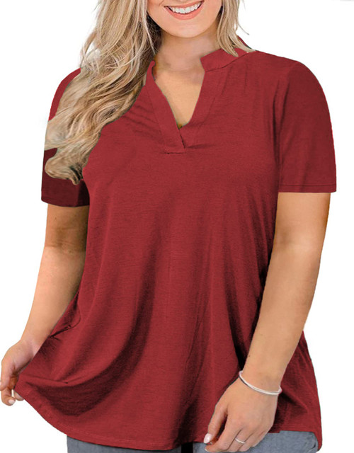 Plus Size Summer Tops for Women 4X Cute T Shirts V Neck Tunics Wine Red 28W