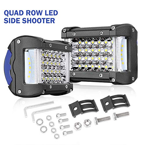 Side Shooter LED Pods, Wayup 2Pcs 204W 4 Inch Quad Row LED Work Light Bar OSRAM Spot Flood Combo Driving Light Off Road Cubes Light Waterproof Fog Lamps with Blue End Caps for Trucks Jeep Boat ATV UTV