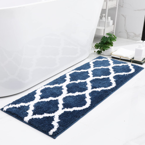 OLANLY Bathroom Rugs, Soft and Absorbent Microfiber Bath Rugs, Non-Slip Shaggy Shower Carpet, Machine Wash Dry, Bath Mats for Bathroom Floor, Tub and Shower, 47x17, Navy