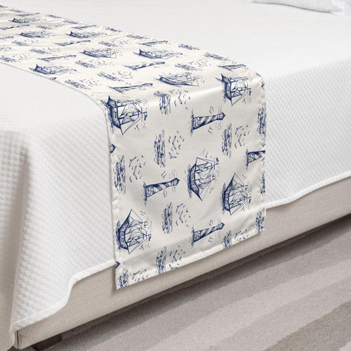 Lunarable Nautical Bed Runner, Ships Sailing in The Sea Waves with Lighthouse Seagulls Pirate Retro, Decorative Accent Bedding Scarf for Hotels Homes and Guestrooms, Off White and Night Blue