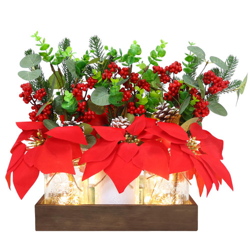 LIKAJON Christmas Mason Jar Lights Centerpiece Table Decorations with Wood Tray & Artificial Flowers, Set of 3 Mason Jars Christmas Farmhouse Centerpiece Decor Jars for Xmas Home Kitchen Table Mantel