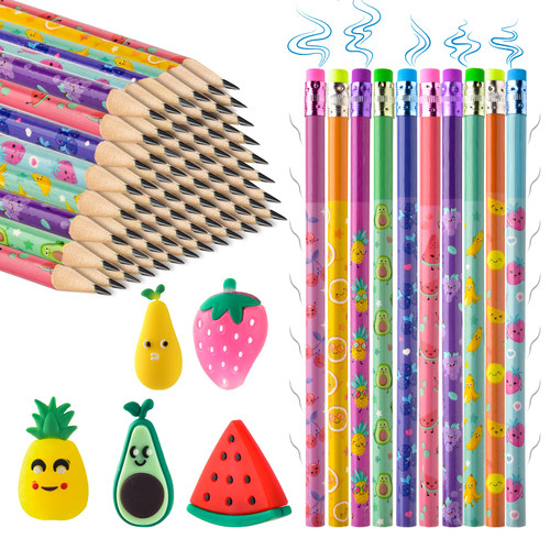 100 Pcs Scented Pencils for Kids Fruit Scent HB Graphite Pencils with 100 Pcs Fruit Pencil Caps Colorful Pencils Fun pencils Lovely Wood Pencils Gift for School Office Classroom Party Reward Supplies